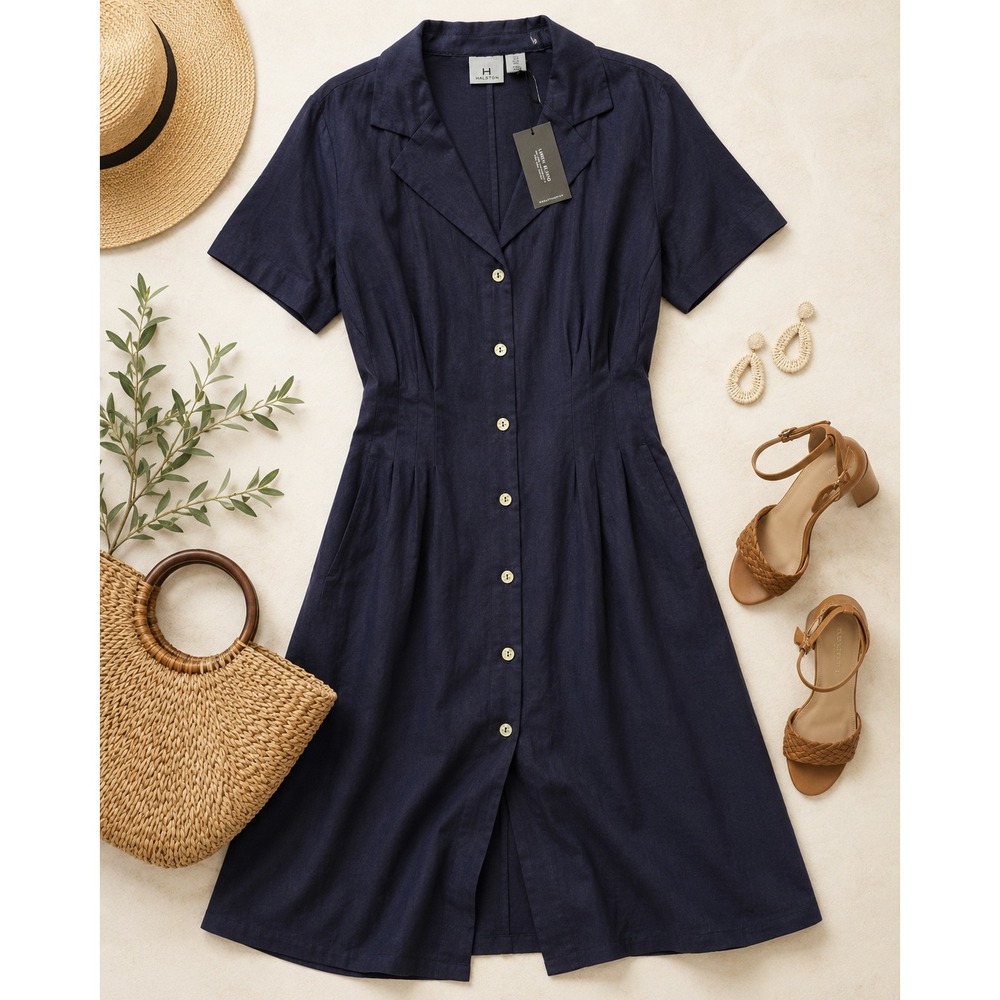 H by Halston Navy Linen‎ Blend Midi Shirt Dress Button Front Summer Classic - Picture 7 of 7